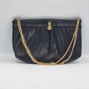 Vintage Black Leather Clutch Purse With Gold Chain Strap & Snap Closure By Ande